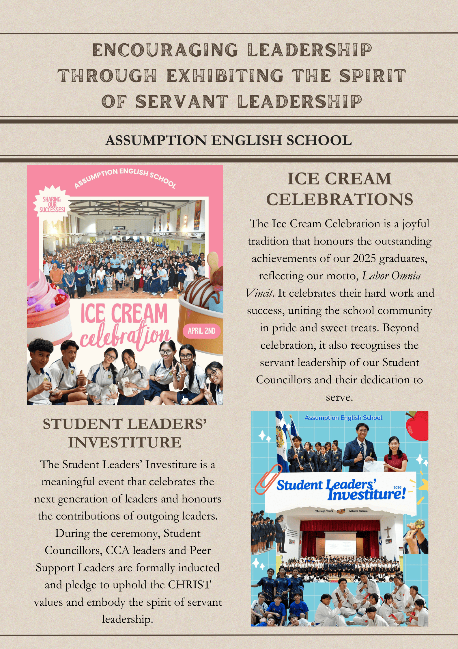 School newsletter showing Ice Cream Day and Student Leaders Investiture events at Assumption English School.